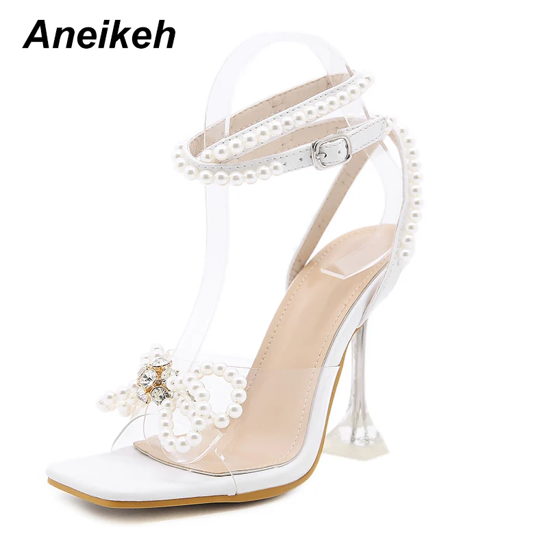 Aneikeh 2024 Summer White String Bead High Heels Wedding Shoes Butterfly-Knot Narrow Band Thin Heels  Square Toe Party Sandals