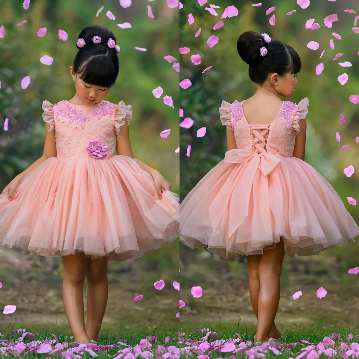 

Pink Flower Girl Dresses For Wedding Appliques Sleeveless Knee Length Kids Bespoke Occasion Dresss First Holy Communion Gowns