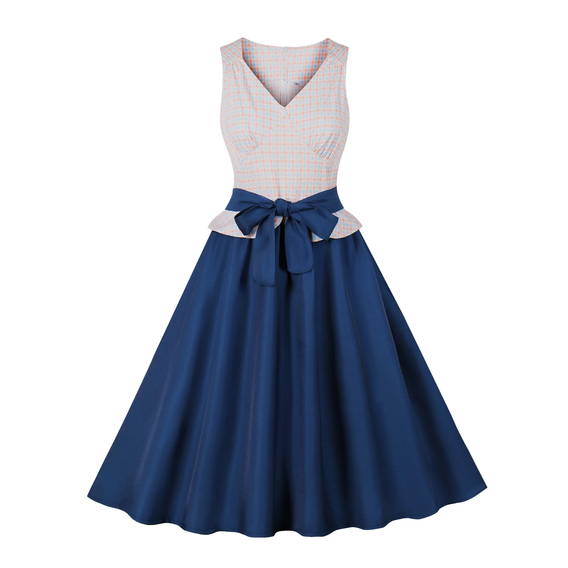

Summer Elegant Plaid and Blue Dress For Women Hepburn 60s 50s Vintage Rockabilly Dress Vestidos