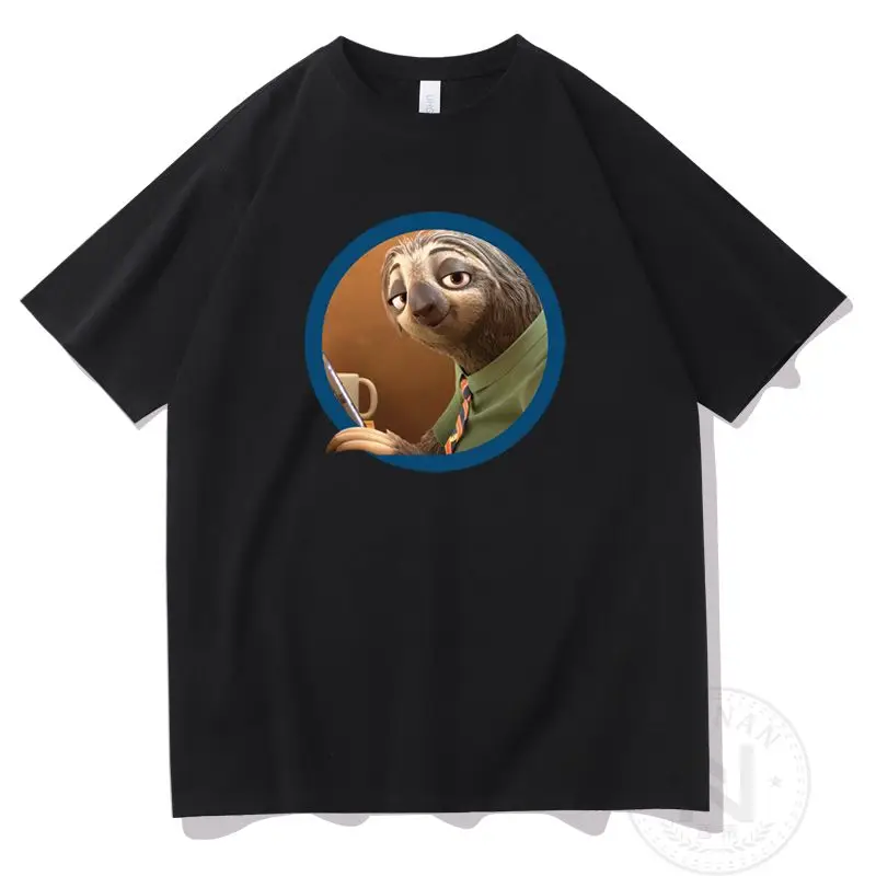 

Zootopia 2025 Summer Casual Loose Men's Cotton T Shirt Flash The Sloth Cartoon Graphic Tee Anime Movie Streetwear Fashion