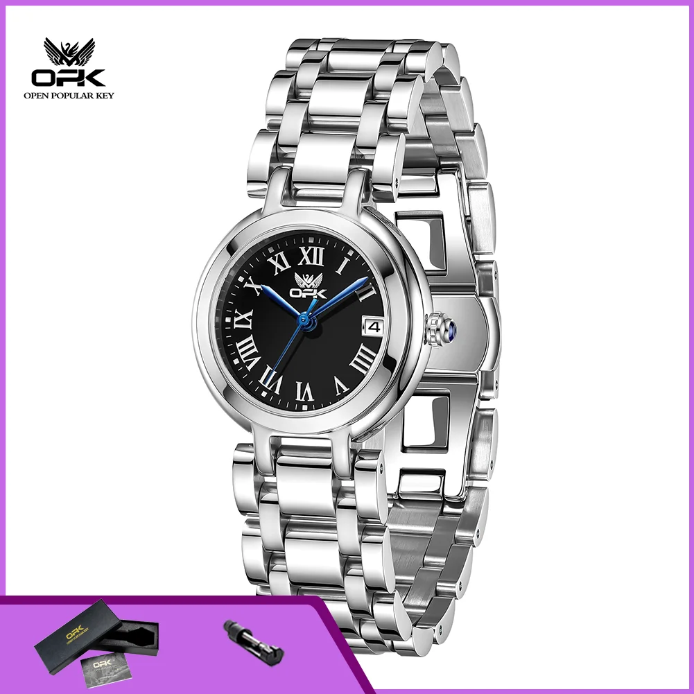 OPK 6107 Fashion Simple Ladies Watch Waterroof Auto Date Steel Strap Quartz Wristwatch for Women Elegant Female Watch