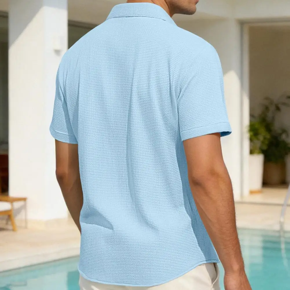 

Casual Loose Fit Shirt Men's Short Sleeve Button-up Shirt Summer Textured Turn-down Collar Shirt Loose Solid Color Holiday Beach
