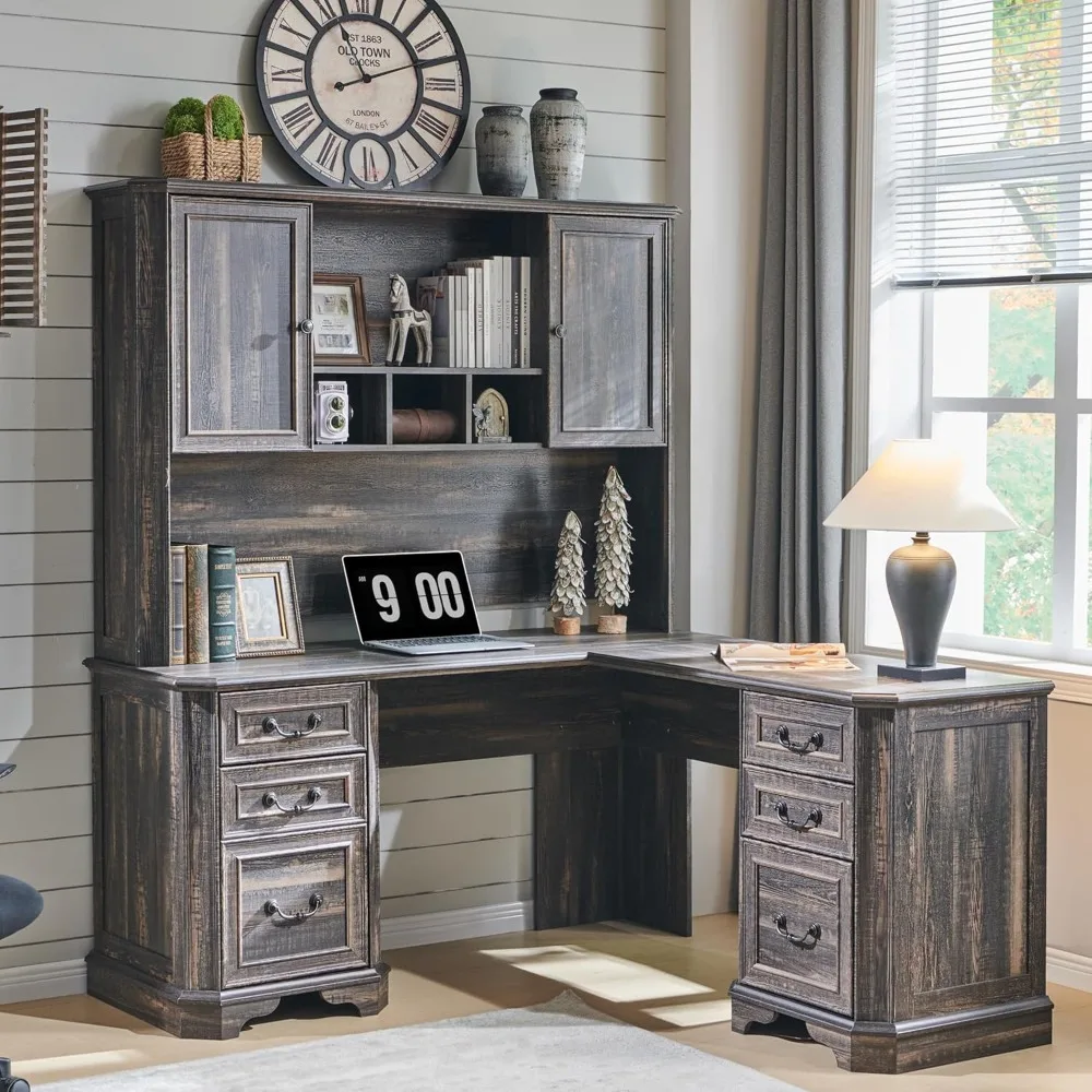 

"Executive Victorian Wood L-Shaped Desk with Hutch, Charging Station, File Drawer, and Storage Cabinet"