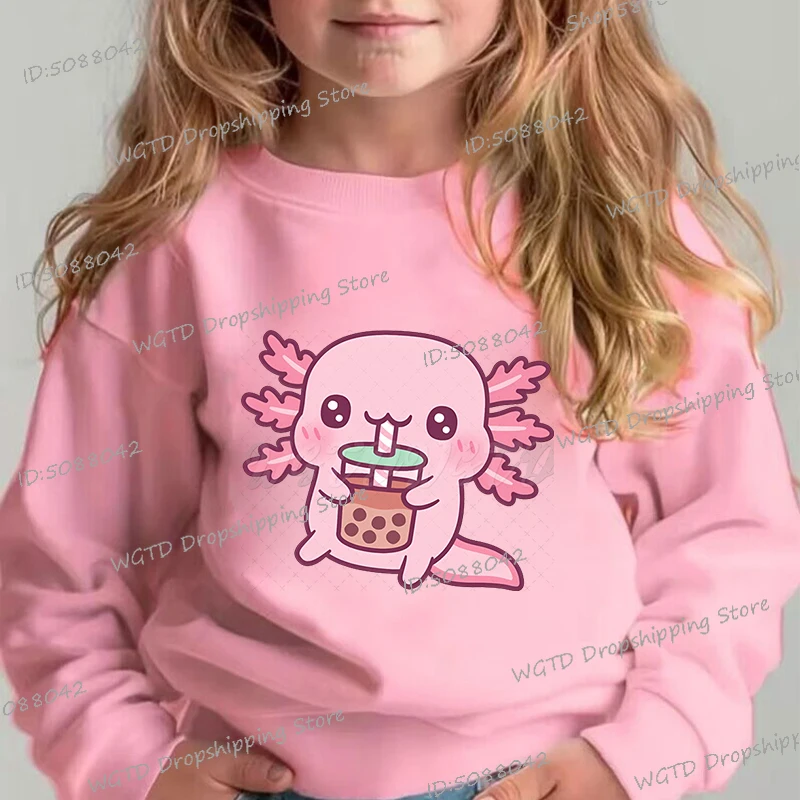 Y2K Axolotl Sweatshirts Fashion Kids Long Sleeve Cartoon Axolotl Tracksuit Cute Axolotl Drinking Bubble Tea Boys Girls Pullover