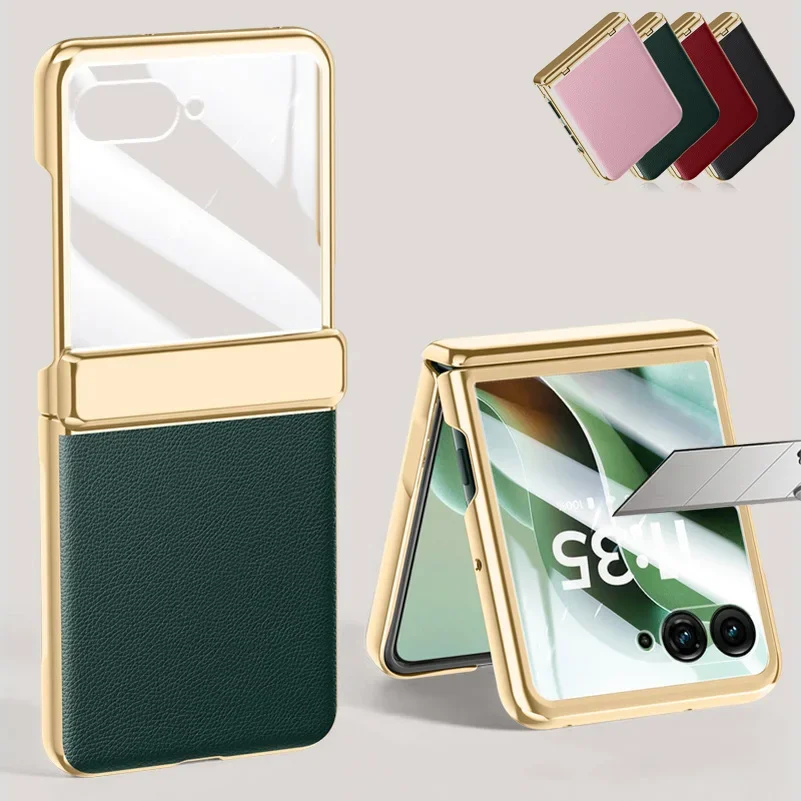 

Electroplate Spring Hinged Leather Tempered Glass Protect Case for Motorola Razr60Ultra 50 Ultra All-inclusive Shock Proof Cover