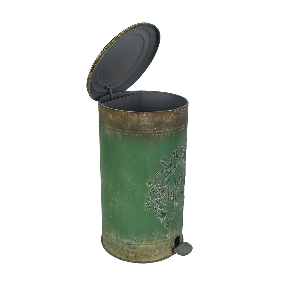 Trash Can Metal Rubbish Wastebasket Round Foot Pedal Garbage Container Bin Green Outdoor Small Office Trash Can for Kitchen