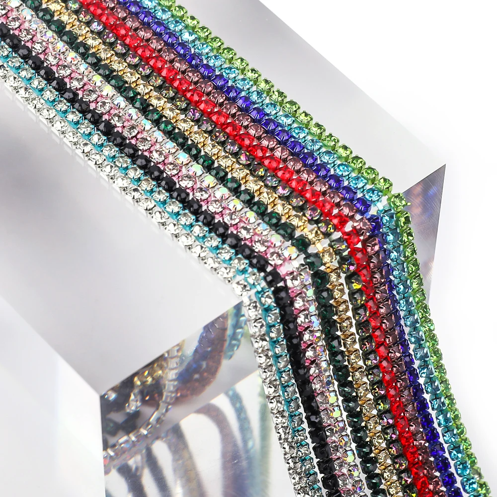 

New Arrival Colorful Rhinestone Chains Dense Fancy Chain Apparel Sewing Glass Rhinestone Cup Chain With Colorful base