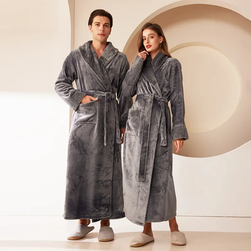 2024 Winter Men's Bathrobe Solid Color Belt Flannel Bath Robe Pockets Warm Men Nightgown Home Gown Sleepwear Men Clothing