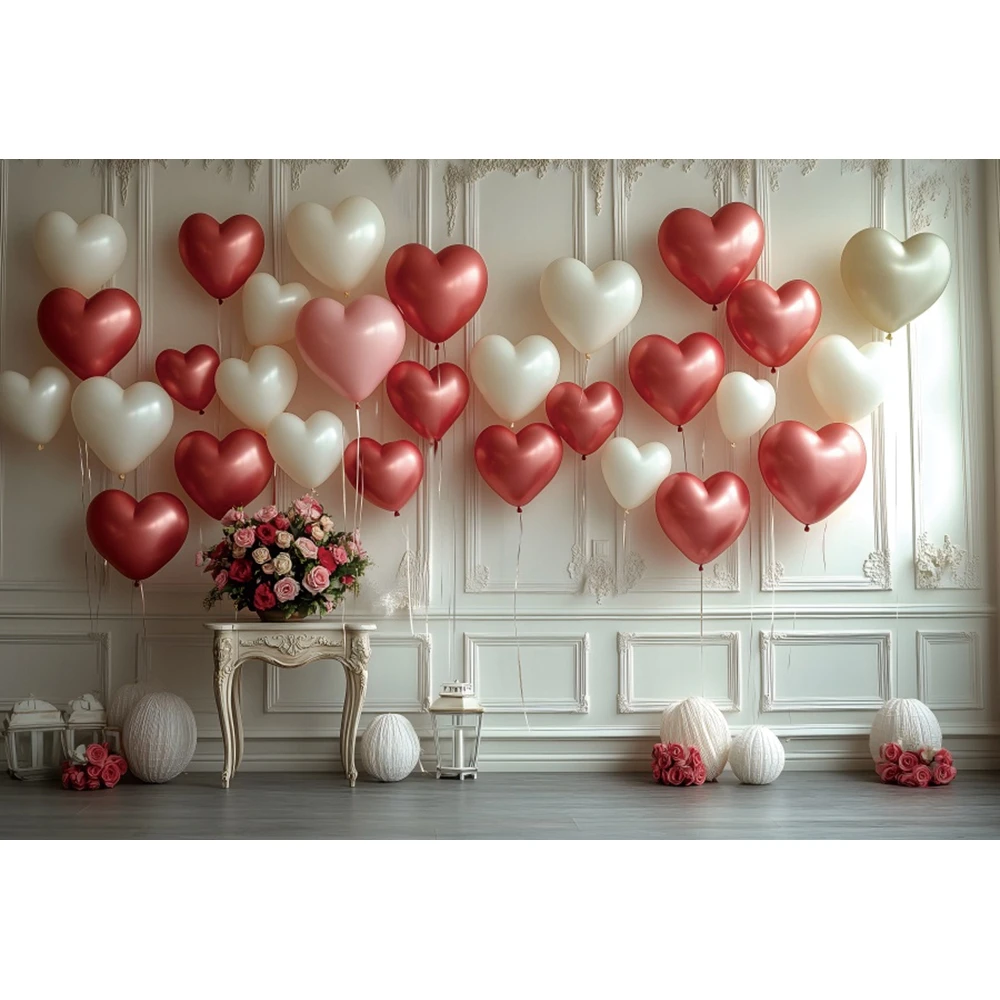 Happy Valentine's Day Photography Backdrop Heart Shaped Balloon Rose Romantic Veil Proposal Party Decor Photography Studio