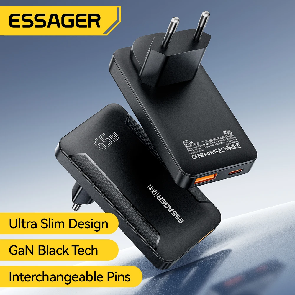 เครื่องชาร์จ Essager Ultra Thin 65W GaN Pro สำหรับเดินทาง รองรับ Quick Charge 4.0 และ PD3.0 แบบพกพา ช่องเสียบ Type C สำหรับ iPhone Samsung Macbook และแล็ปท็อป