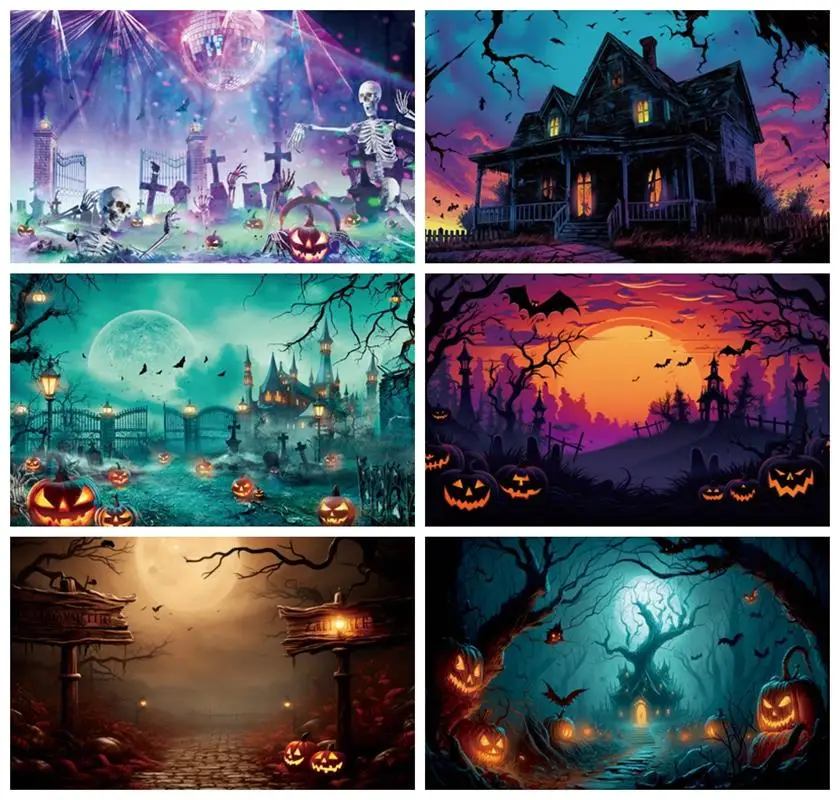 Laeacco-Halloween Fotografia Backdrop, Lua cheia assustador Night Castle, Abóboras Moonlight Bat, Horror Retrato de Fundo para Crianças e Adultos