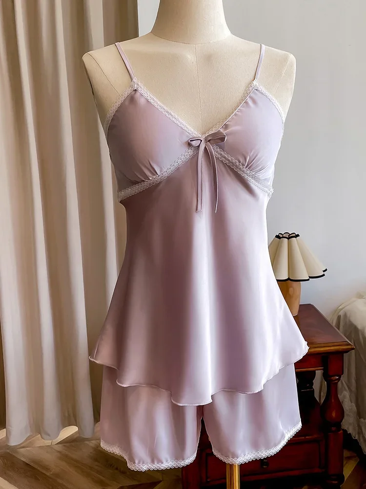 New 19 Mu Mi Su Crepe Satin 100%  Silk Strap Shorts Set   Home Clothes
