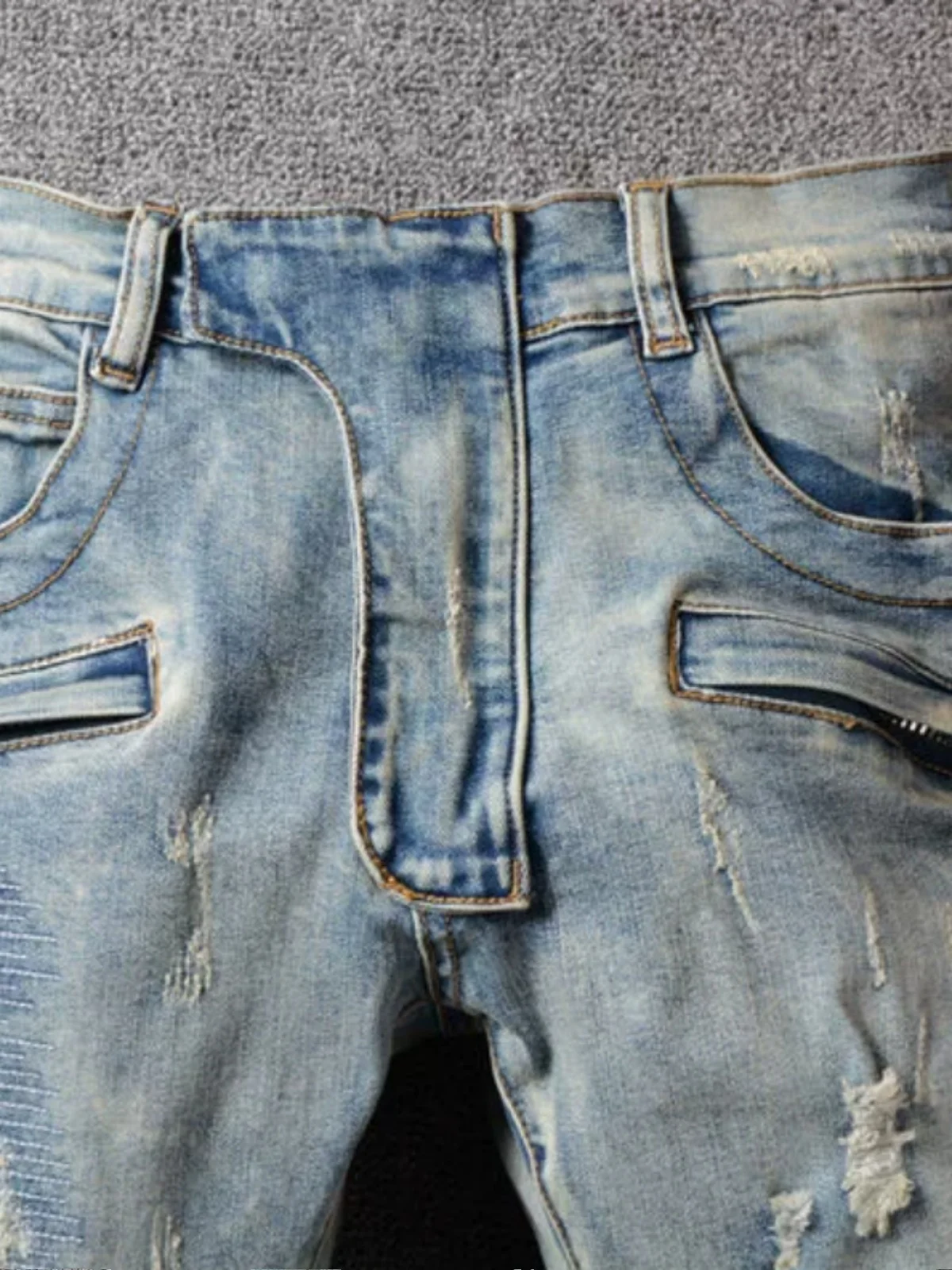 

Street Sle Motorcycle Folded Zipper Elastic Worn out Hole Slim Fit Jeans Men's Long Pants Youth Faion Resistant Wear
