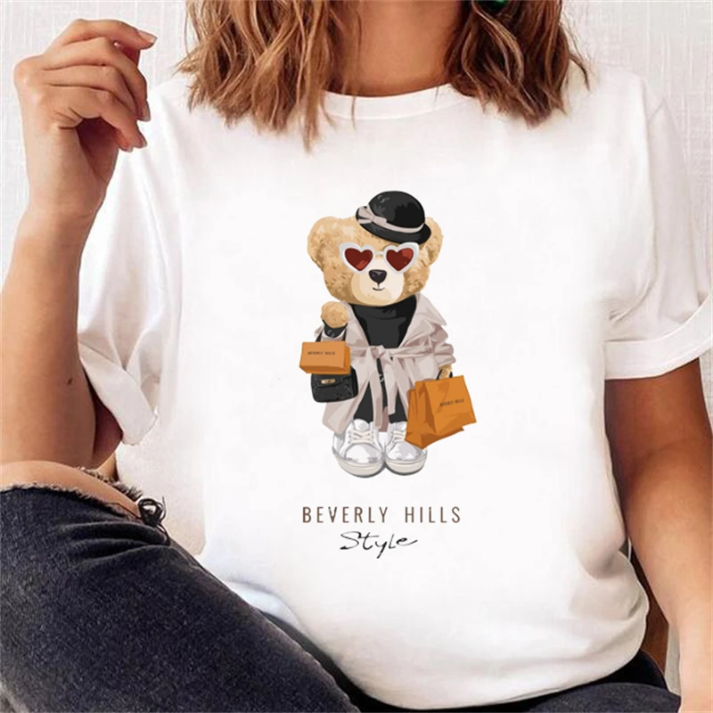 DEAR BEAR Summer T Shirt Cute Printing Design Woman Short Sleeve Female Tee Oversized Graphic White Girl Comfort Clothes Gift