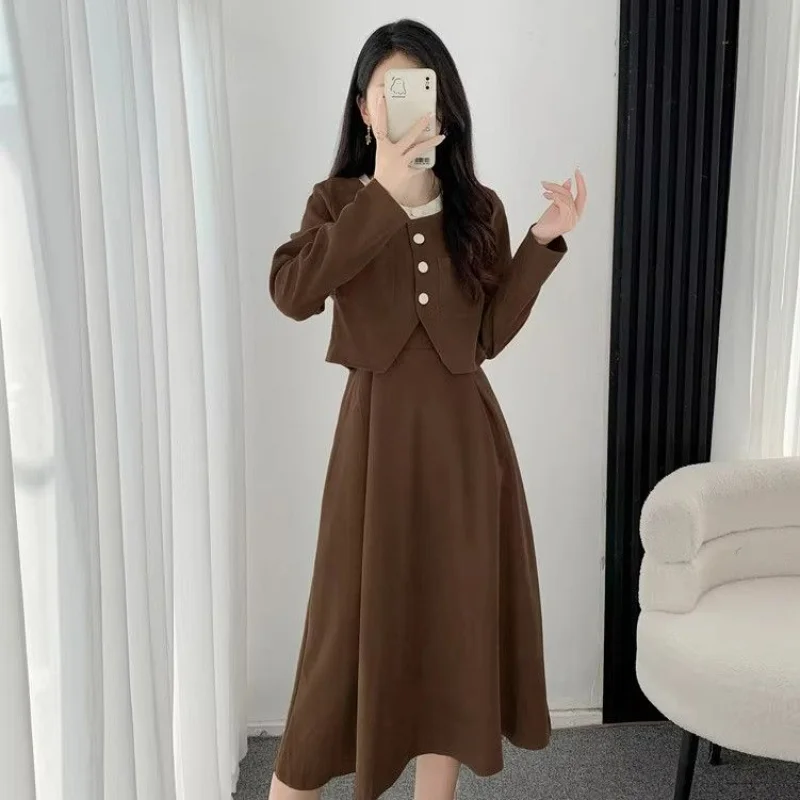 Two Piece Set for Women French Style Vintage Corduroy Luxury Chic Short Jackets Female Sweet High Waist Solid Elegant Midi Skirt