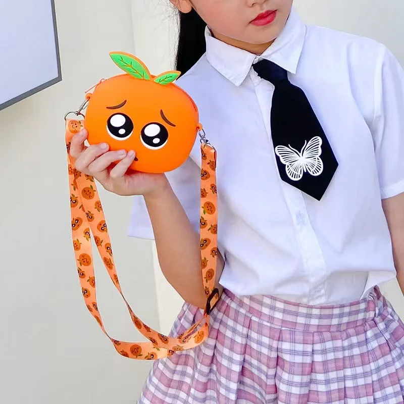 Cute Girls Silicone Coin Purse, Cartoon Orange Small Crossbody Bags, Kids Mini Pouch, Change Purse, Hasp Wallets Gift, Kawaii