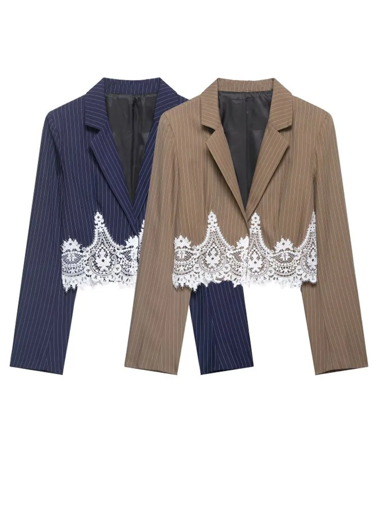 

Женские весенне-осенние блейзеры и пальто 2026: Модные полосатые блейзеры с кружевными вставками и ажурной строчкой, элегантная уличная верхняя одежда для женщин