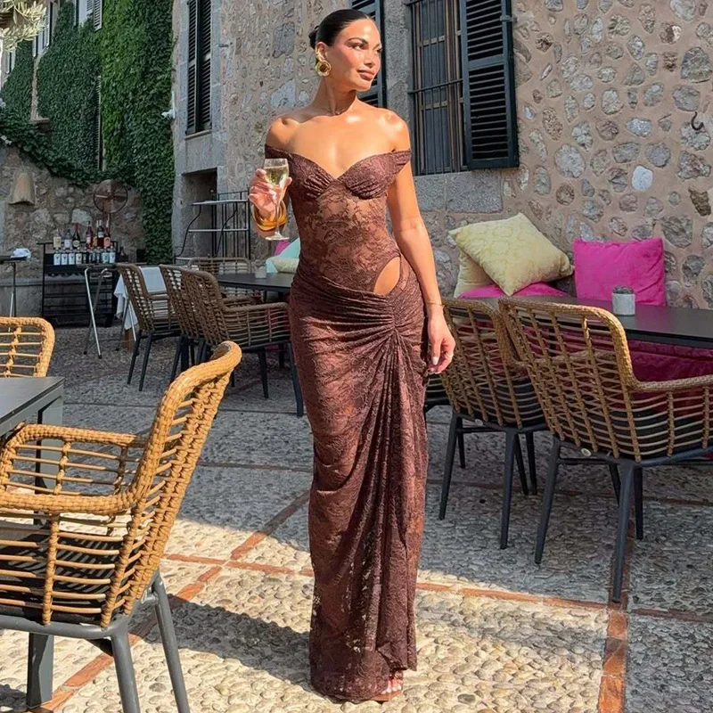 مثير الدانتيل فستان مجموعات المرأة عارية الذراعين انظر من خلال بذلة شق عالية الخصر مطوي تنورة طويلة 2 قطعة مجموعة سيدة أنيقة