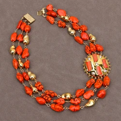 GG 3 Rows Freedom Orange Turquoise Nugget Brushed Bead Necklace White Pearl Coral Gold Plated Sun Flower Pendant
