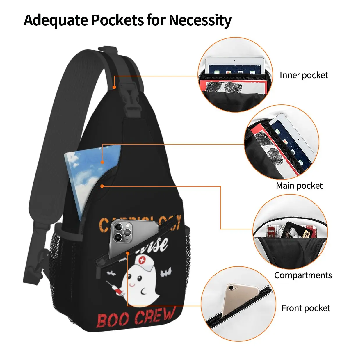 Cardiology Nurse Boo Crew Chest Bag Men Sling Crossbody Backpack Chest Bag Travel Hiking Daypack Shoulder Bag