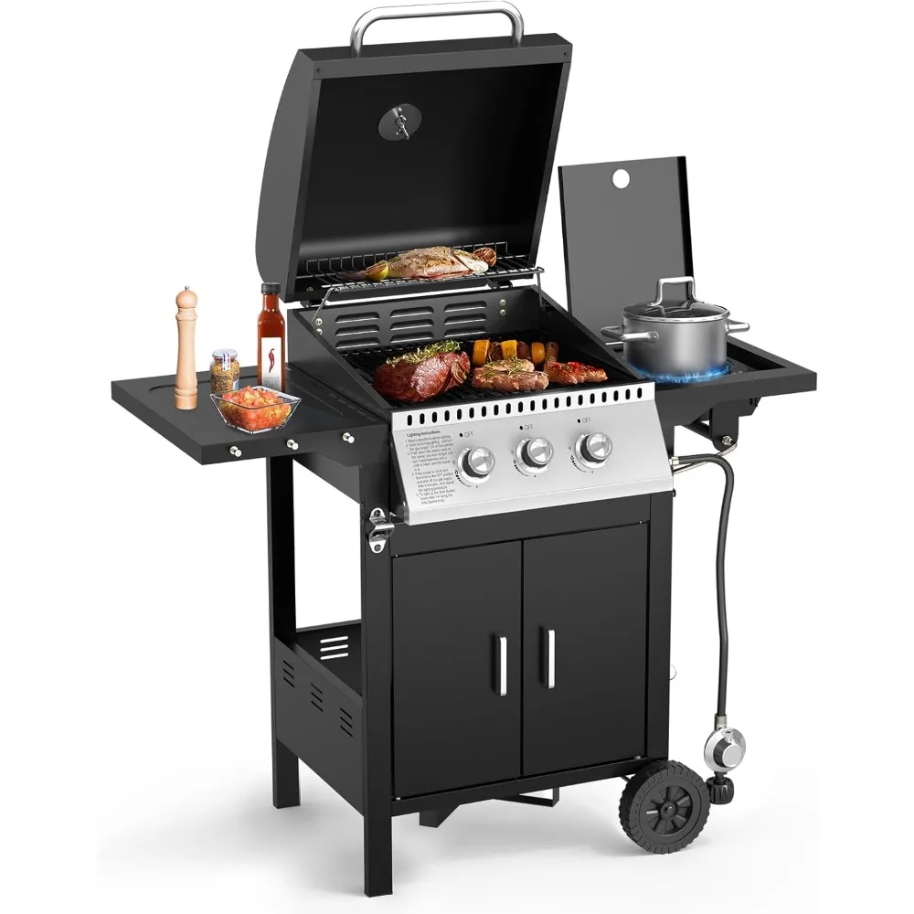 BBQ Gas Grill，30,000 BTU Ideal for Outdoor Cooking, 3 Burner Propane, Easy To Clean and Maintain, Barbecue Grill