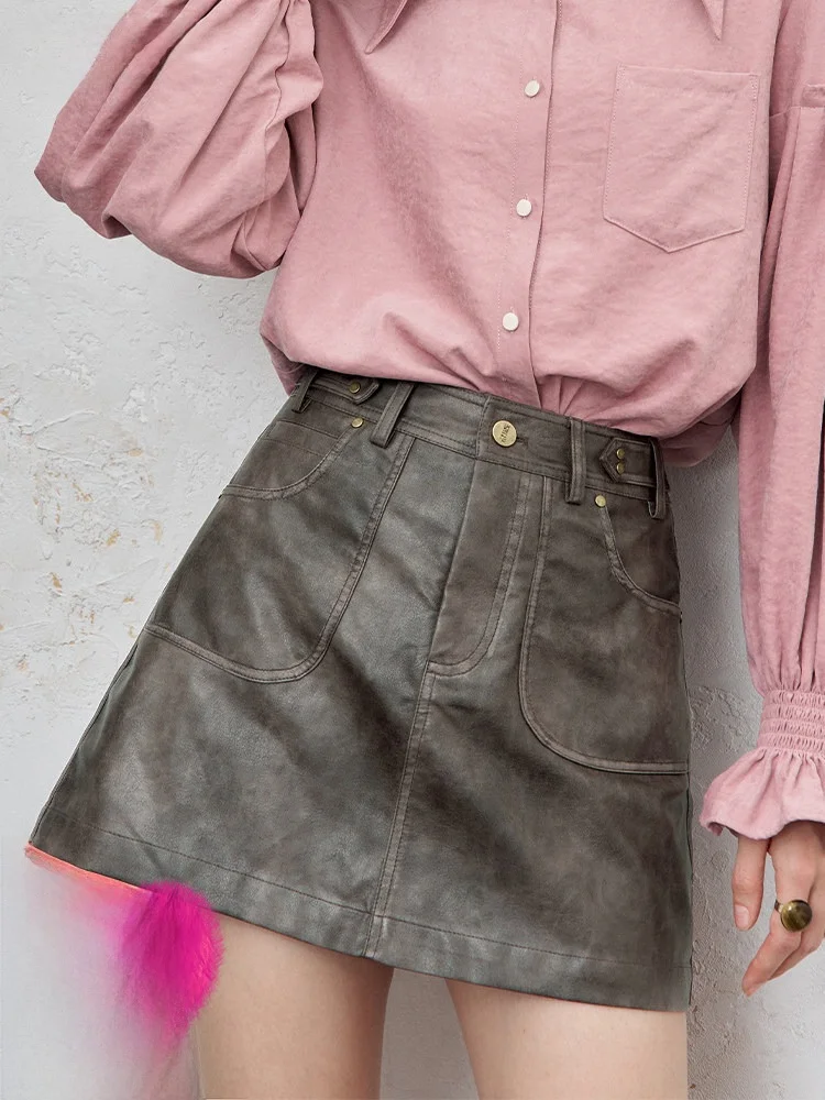 

Ele A-Line PU Leather Skirt for Women High Waist Slim Fit Casual Sle Teenage Girls Faion ort Skirt