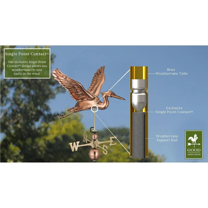 Weathervane-cobre puro Blue Heron com seta, Good Shore