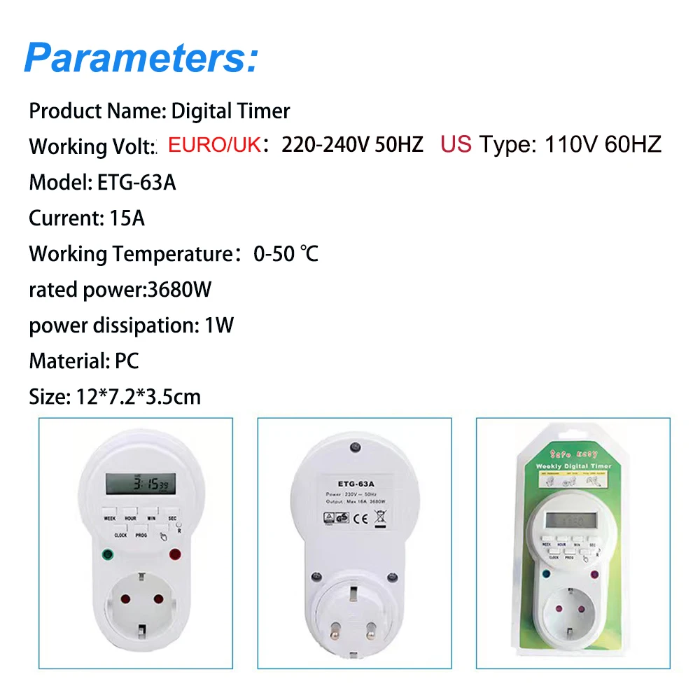 Euro UK US Plug Digital Weekly Programmable Electrical Wall Plug-in Power Socket Timer Switch Outlet Time Clock 220V/110V