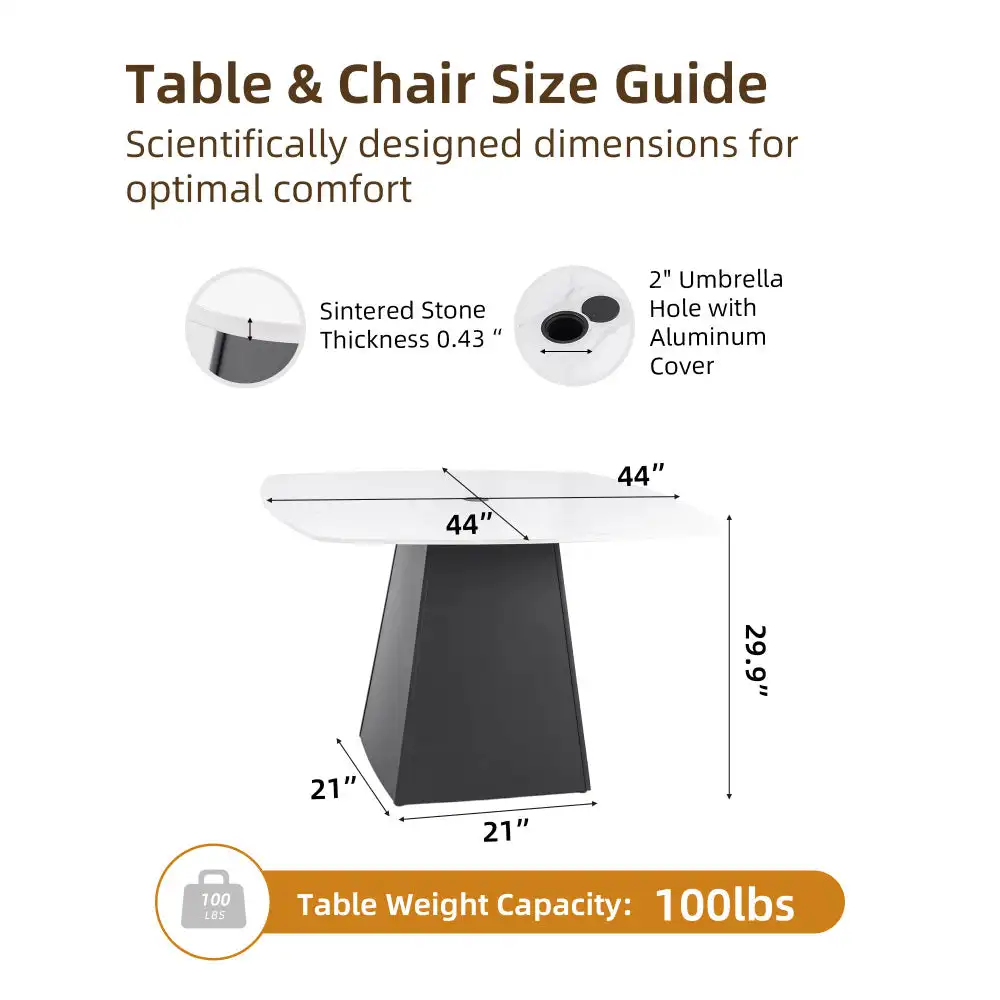 

Modern 44″ Rounded Square Outdoor Pedestal Dining Table, Greek Marble-Look Sintered Stone Top, Flared Pyramid Aluminum Base, Em