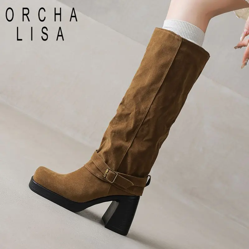 

ORCHA LISA 2025 Стильные женские сапоги до колена с квадратным носком и замшевым замшевым каблуком из флока с пряжкой на ремне 41 42 43 для свиданий