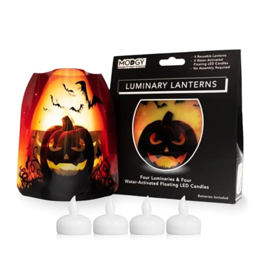 Luminary Lanterns, Halloween Candle Holders with Flameless Floating LED Candles, Indoor Outdoor Decor for Parties, Home, Window