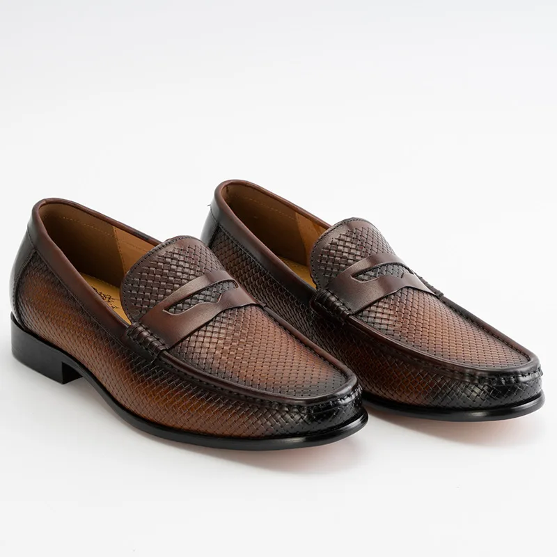 

Vintage Mens Sneakers Penny Loafers Genuine Leather Woven Pattern Brown Casual Shoes Size 38 To 46 Mocassins Hommes