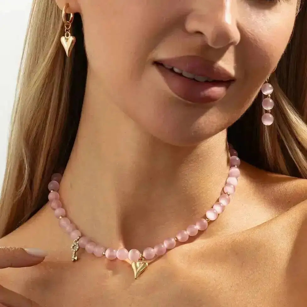 IngeSight.Z 2026 Y2K رائعة الزجاج عقد من اللؤلؤ طقم من الحلقان المرأة سحر الخوخ القلب قلادة سلسلة الترقوة مجوهرات