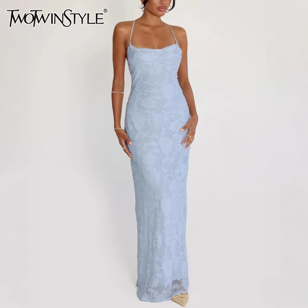 TWOTWINSTYLE Sexy Backless Gesplitst Kant Sheer Mesh Jurk voor Vrouwen Halter Hals Mouwloze Bodydon Zachte Maxi Jurken Vrouwelijke Nieuwe