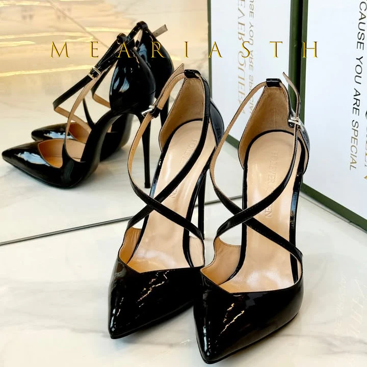 

2025 женские белые глянцевые лакированные туфли-лодочки на шпильке с перекрестными ремешками, женские туфли на высоком каблуке D'Orsay с острым носком для свадебной вечеринки