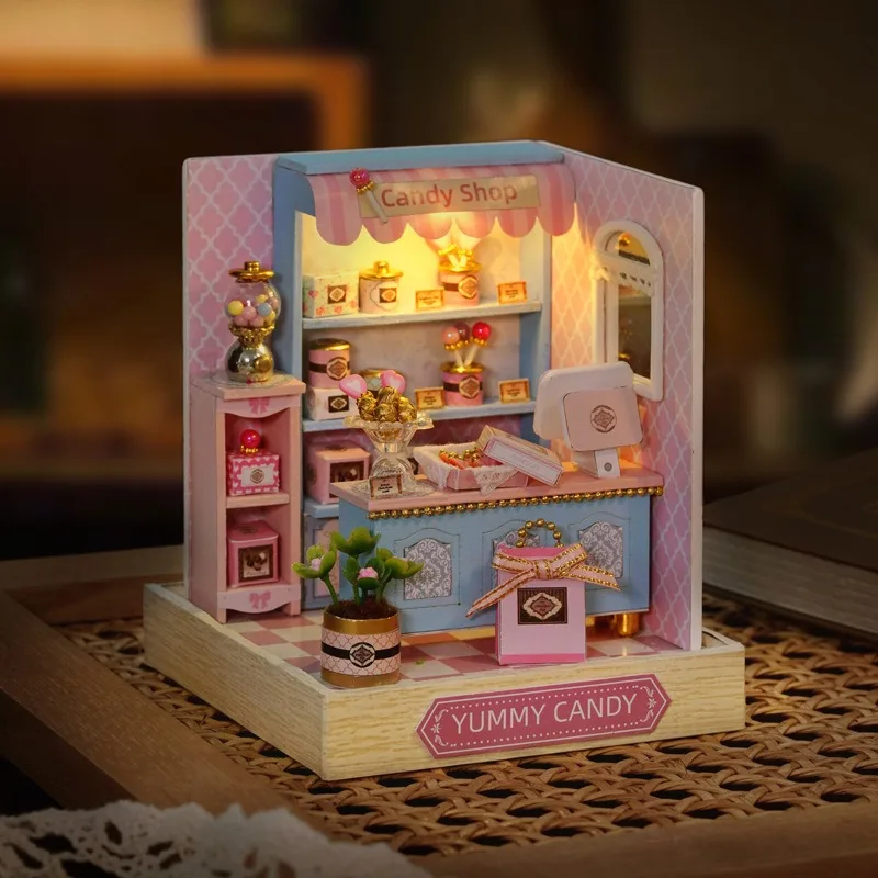 Mini Dollhouse Kit Sakura Street Cafe Noodle Shop Office Candy Store Tiny Wooden Furniture Craft Building Toys Home Bed Decor view 4
