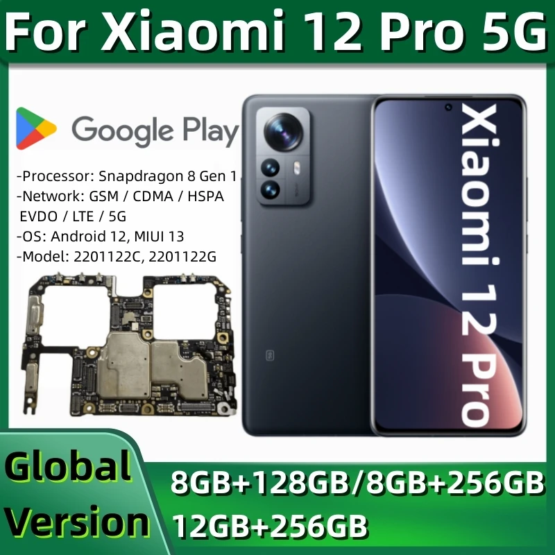 

Motherboard for Xiaomi 12 Pro, Unlocked Mainboard PCB Module, 128GB, 256GB Global ROM