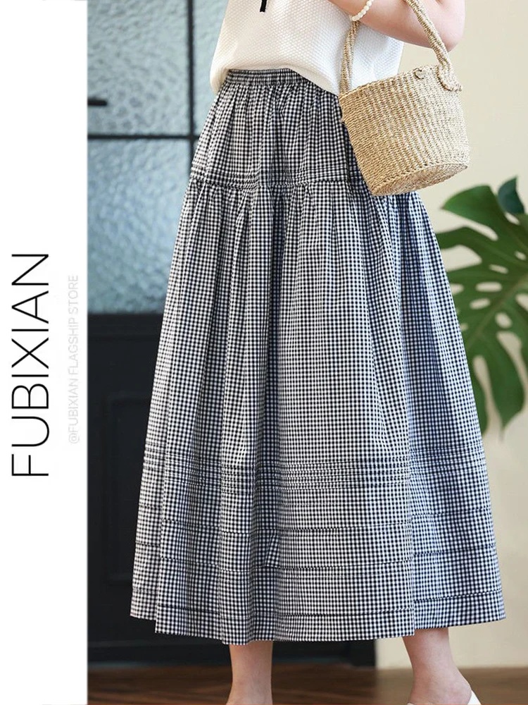 

Юбка миди в черно-белую клетку Fre Country: комфортная, дышащая, универсальная, в стиле ретро, для весенне-осеннего сезона, женская