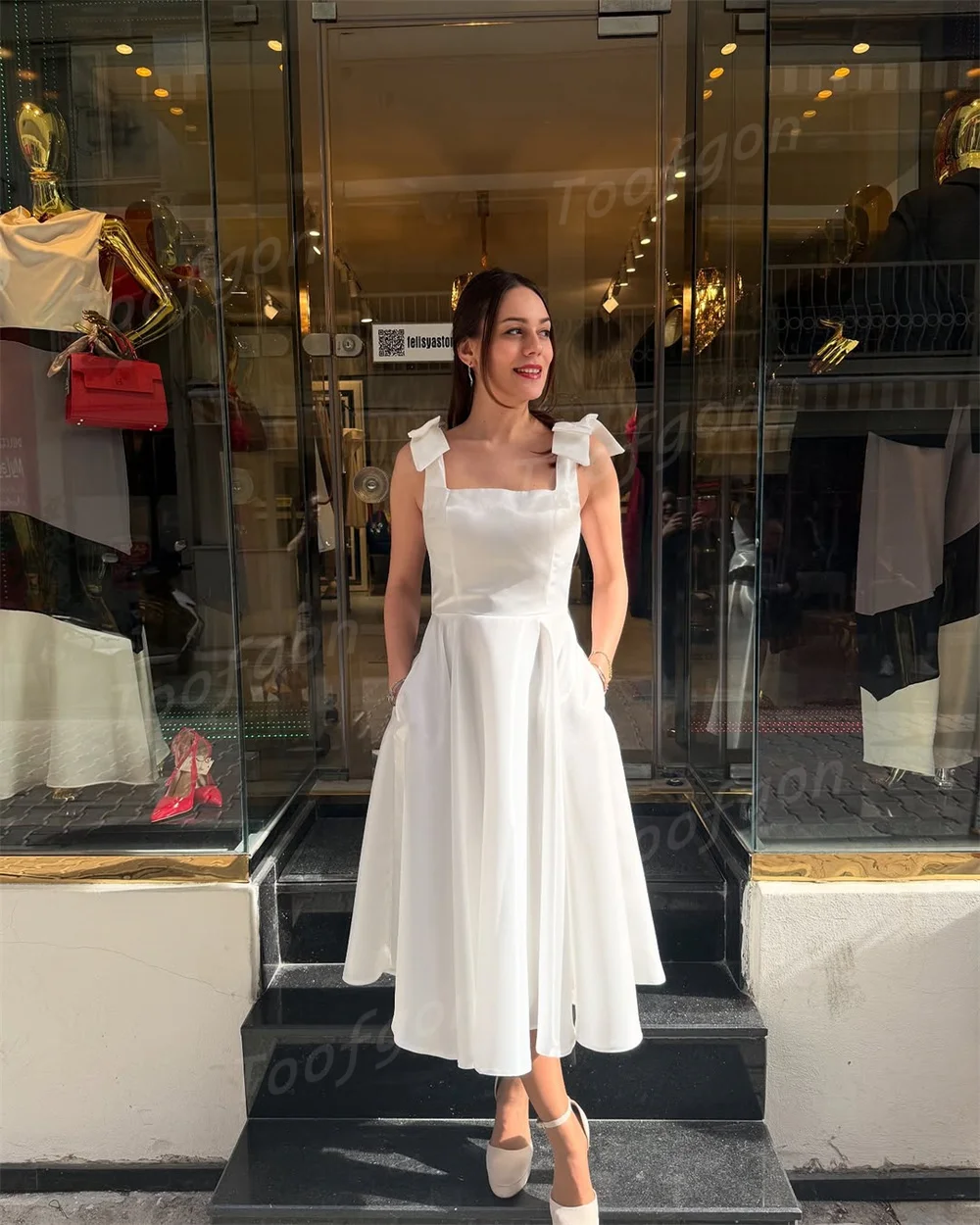 Toofgon carré large sangle courte robes de bal taffetas une ligne robes de soirée personnalisé femmes thé longueur robe de retour