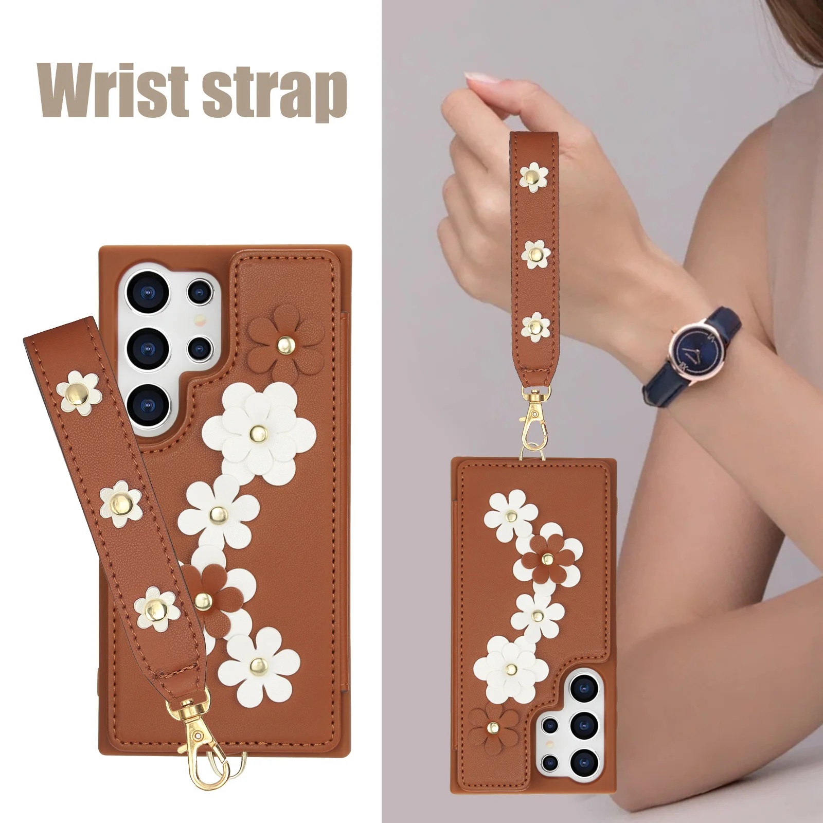 

Phone Case for Samsung Galaxy S25 Ultra Edge S24 Plus S23 FE S22 + Flower Design Card Holder Wallet Hand Strap Leather Cover