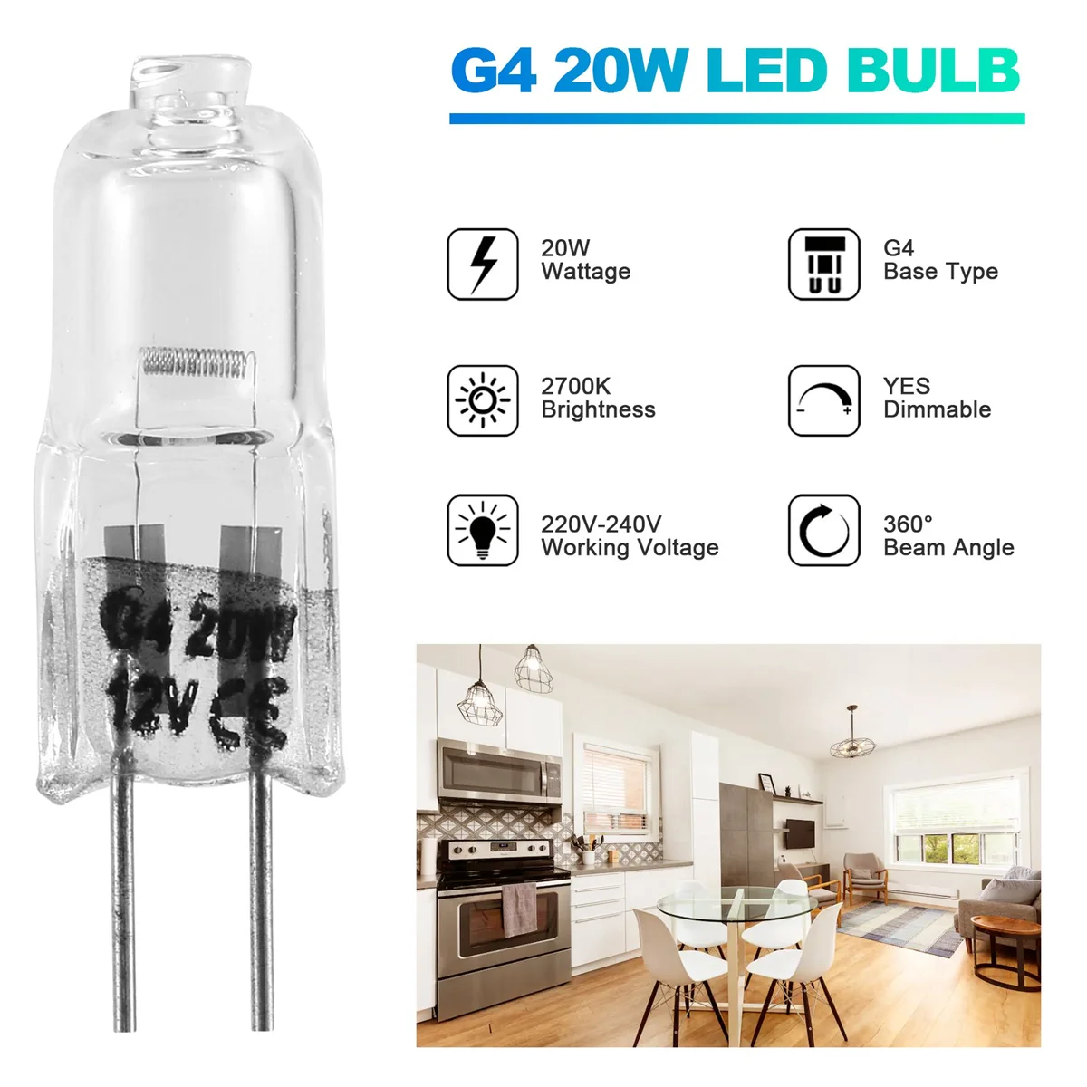 20 Pcs G4 Halogen Bulbs,20W 12V Halogen Light Bulbs 2 Pin Clear Lamp Bulb,for Cooker Lighting,Signal Lights,Track