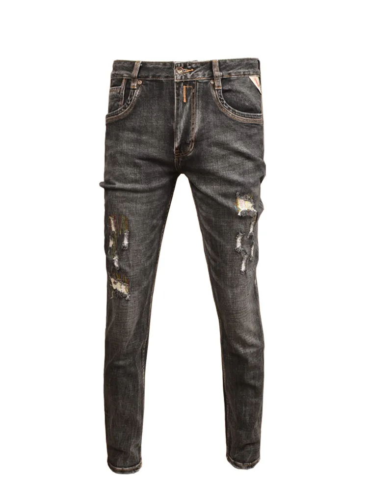 Retro Make Old Ripped Jeans Men's Fashion Stretch Slim High Street Ruffle Handsome Washed Casual Men's Black Trousers