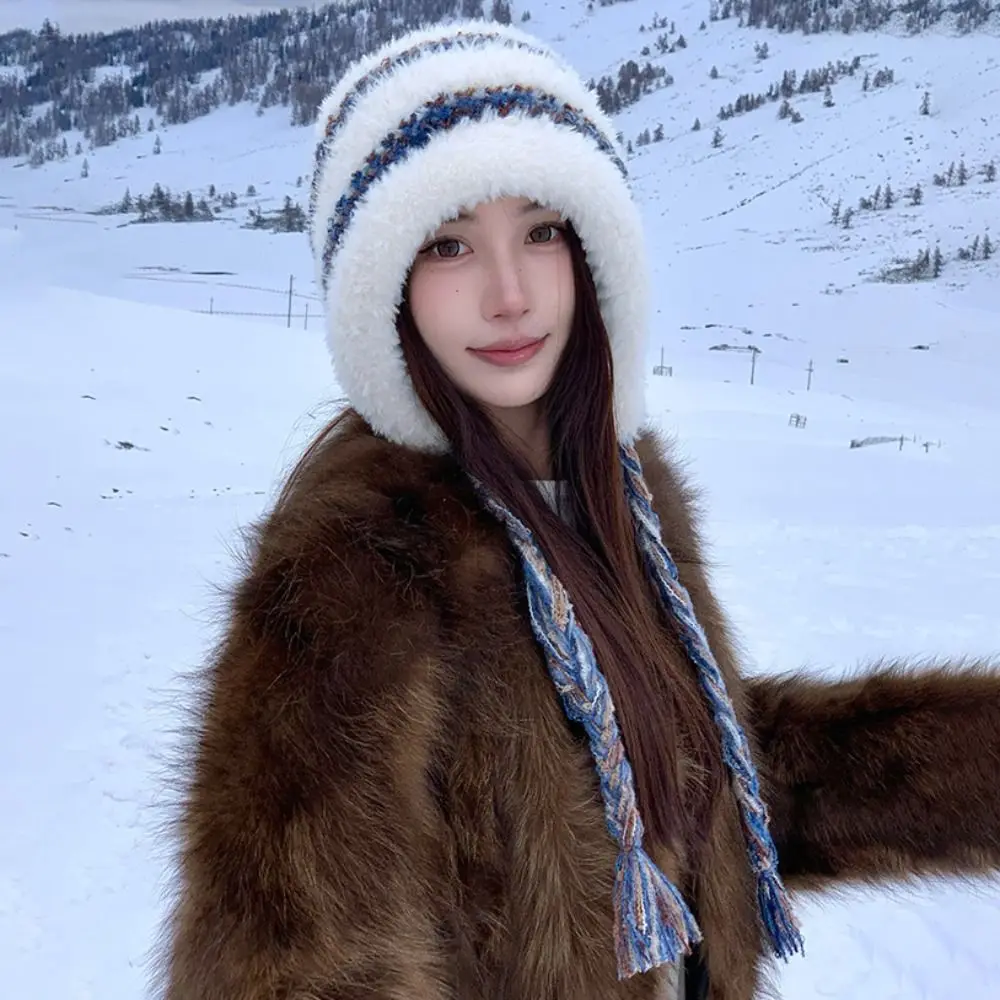 

Versatile Korean Style Ear Protection Hat Soft Windproof Plush Pullover Hats Comfortable Strap Design Plush Earmuffs Cap Hiking