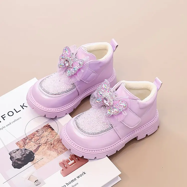 Girls Rhinestone Butterfly Winter Boots, Glitter Toe Hook‑and‑Loop Plush‑Lined Thick Sole Princess Ankle Boots