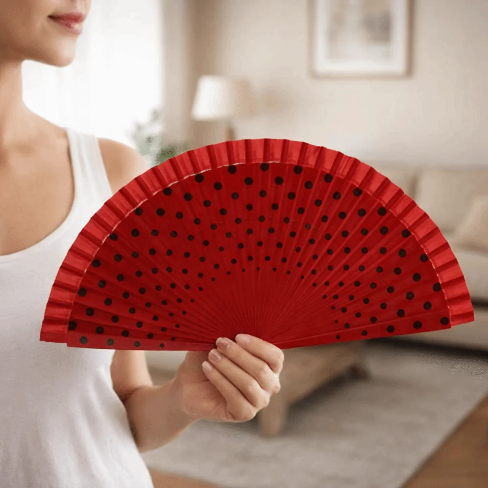 Practical Dots Pattern Flamenco Spanish Folding Fan Wood Handle Vintage Dancing Fan Colorful Decorative Fan Summer