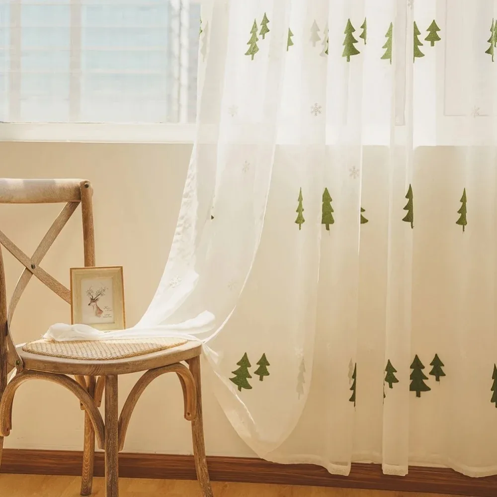 Christmas Tree Embroidered Style Decorative Curtain Sheer Tulle Voile Drapes for Bedroom Living Room 1PC
