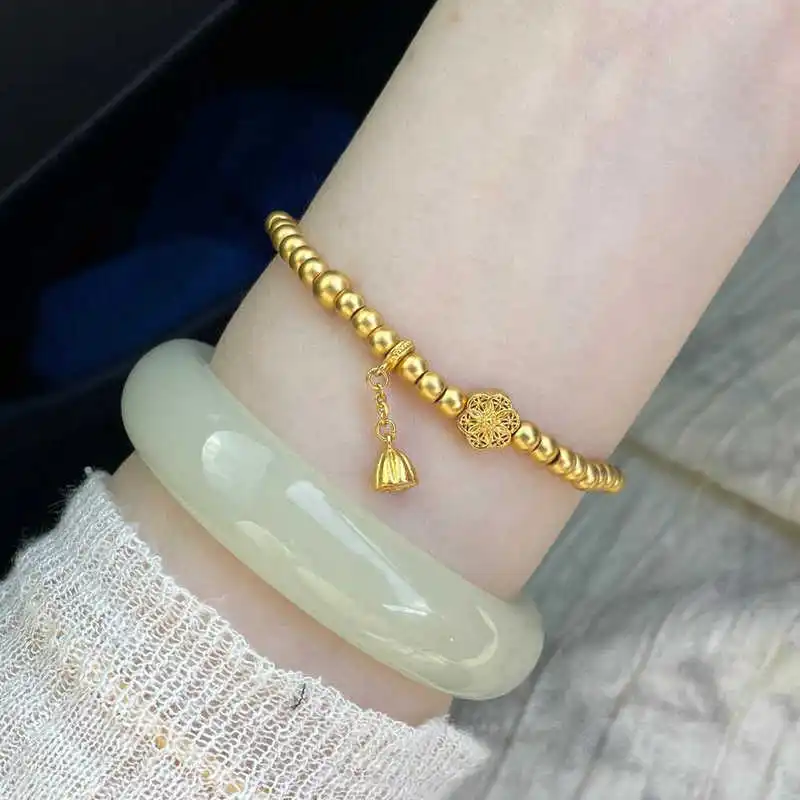 24k 999 gold bracelet with traditional six-phase flower charm, new Chinese-style lotus pod fortune beads bracelet for women,