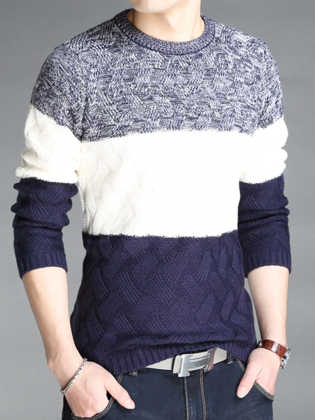 패셔너블한 니트 긴팔 라운드넥 풀오버 스웨터 남성용 슬림핏 컬러 블록 디자인 가을 겨울 캐주얼 탑