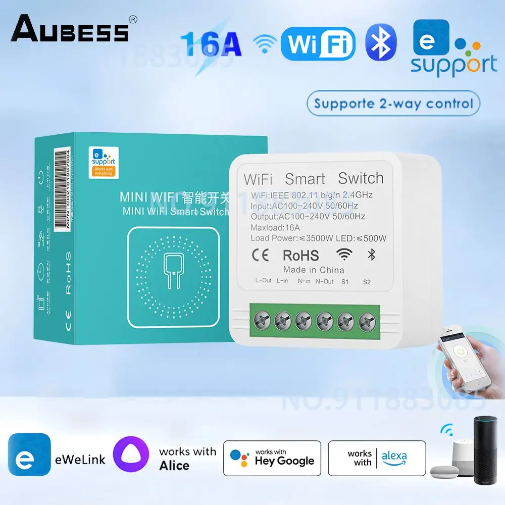 Miniinterruptor inteligente EWeLink con Wifi, dispositivo con temporizador de Control bidireccional, inalámbrico, automatización del hogar, funciona con Alexa y Google Home, 16A