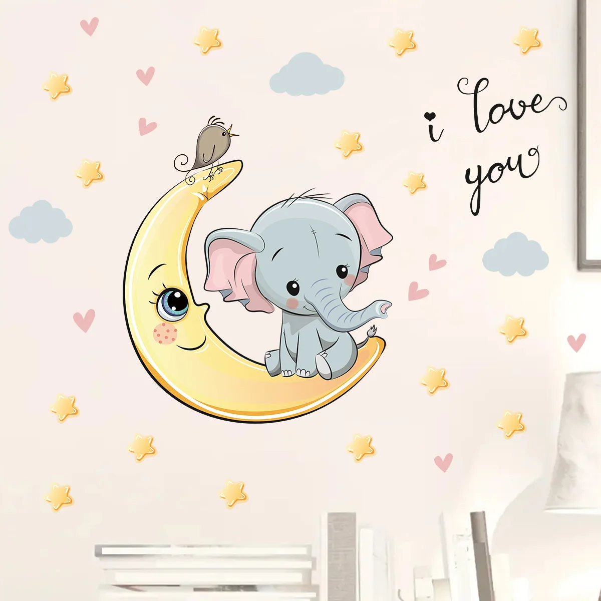 Cartoon Moon Good Night Elephant Wall Stickers Self-adhesive for Children's Room Baby Bedroom Nursery Wall Decoration Decals